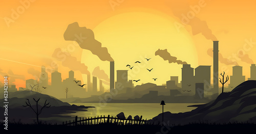 Vector digital illustration of industrial landscape in post-apocaliptic, animated, realistic style. Heavy industry pollutes, factory, ecology catastrophe. Dirty air smog, AI Generated