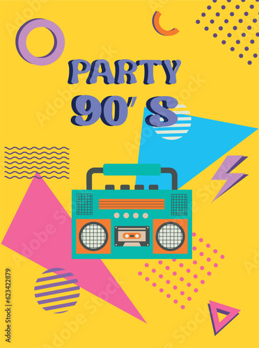 Disco party banner. Retro music poster, 90s radio and tape cassette player colorful design
