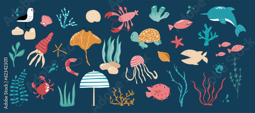 Colourful trendy set of underwater animals and plants. Handdrawn corals, fish, crab, seagull, jellyfish with texture.