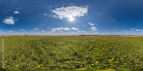 spherical 360 hdri panorama among dandelion flower field with clouds on blue sky with sun in equirectangular seamless projection, use as sky replacement, game development as skybox or VR content