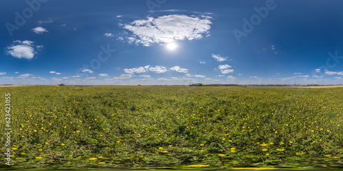 spherical 360 hdri panorama among dandelion flower field with clouds on blue sky with sun in equirectangular seamless projection, use as sky replacement, game development as skybox or VR content photo