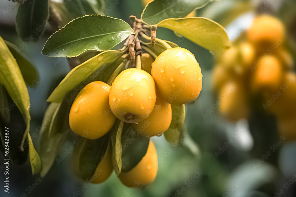 Ripe yellow loquat fruits on the tree. Loquat tree in the garden (Eriobotrya japonica).
