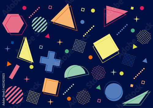 幾何学　図形　抽象的なパーツ　シェイプ　素材　カラフル　セット　紺色背景