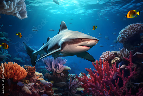 shark swimming through a coral reef
