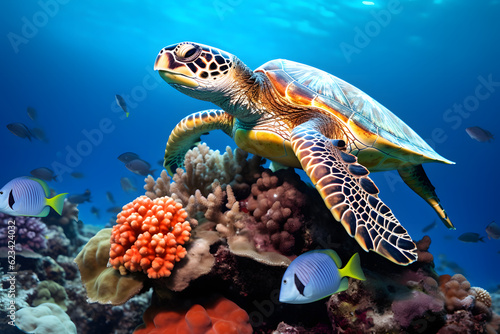 green sea turtle with coral reff