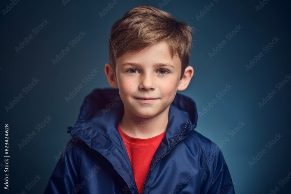 Lifestyle portrait photography of a glad kid male wearing a lightweight windbreaker against a navy blue background. With generative AI technology Lifestyle portrait photography of a glad kid male wearing a lightweight windbreaker against a navy blue background. With generative AI technology