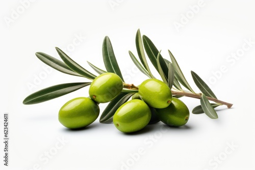 Green olives with leaves on white background. AI generated
