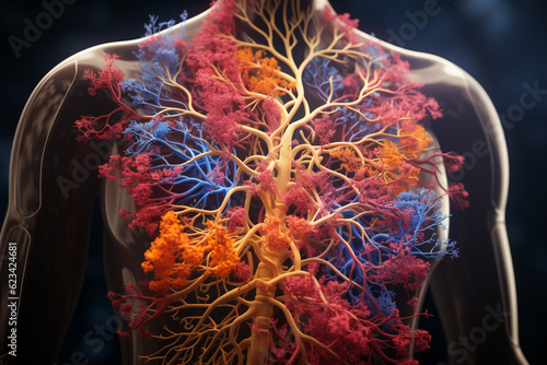 A medical illustration showing the bronchial tree superimposed on the human torso, providing a visual representation  Generative AI technology. photo