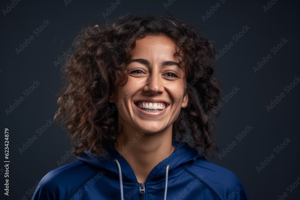 Close-up portrait photography of a grinning girl in her 30s wearing a comfortable tracksuit against a navy blue background. With generative AI technology