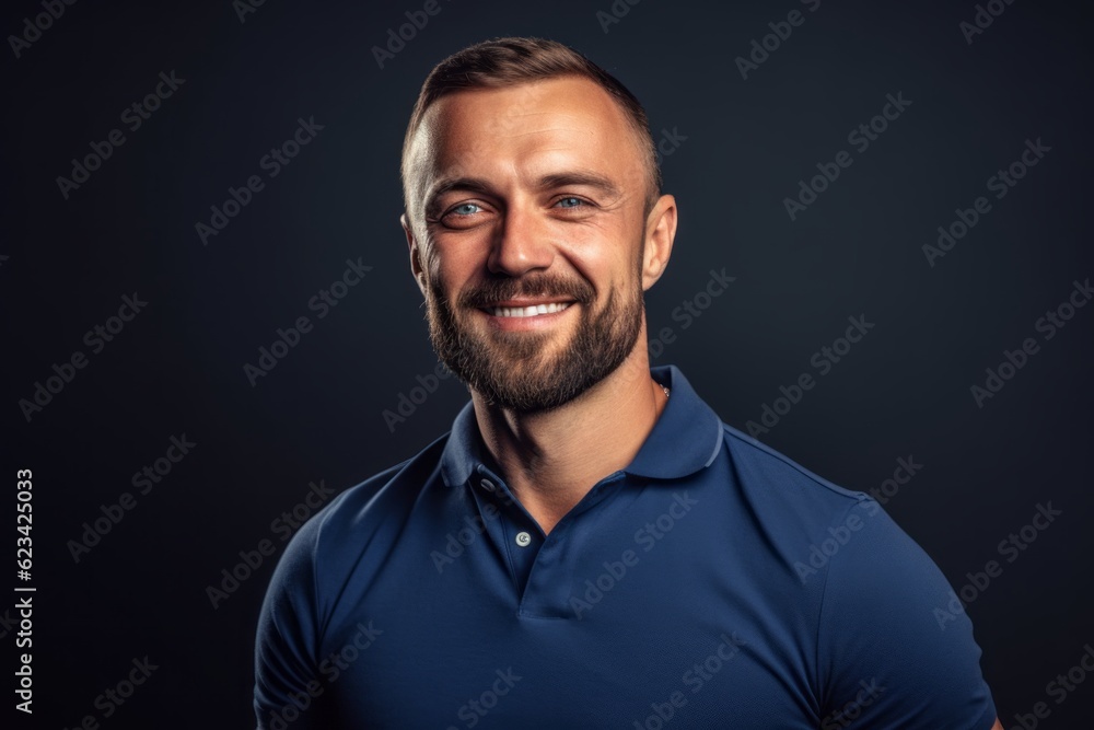 Close-up portrait photography of a satisfied boy in his 30s wearing a sporty polo shirt against a navy blue background. With generative AI technology Close-up portrait photography of a satisfied boy in his 30s wearing a sporty polo shirt against a navy blue background. With generative AI technology