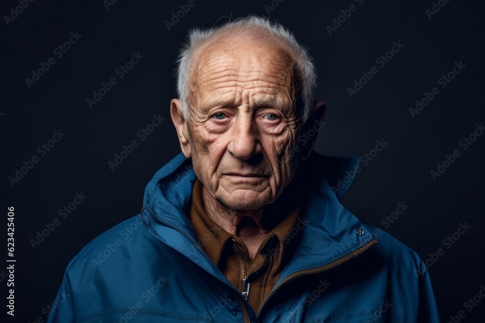 Medium shot portrait photography of a beautiful old man wearing a lightweight windbreaker against a navy blue background. With generative AI technology