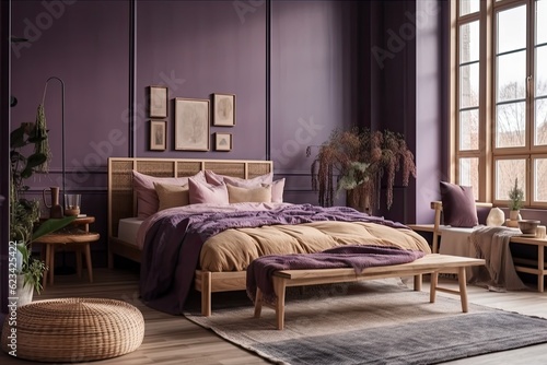 Scandinavian modern timber bedroom with purple toned rattan furniture, a fake frame, a double bed with a duvet and pillows, a bench by the window, a carpet, a mirror, a lamp, and other decorations. Pa photo