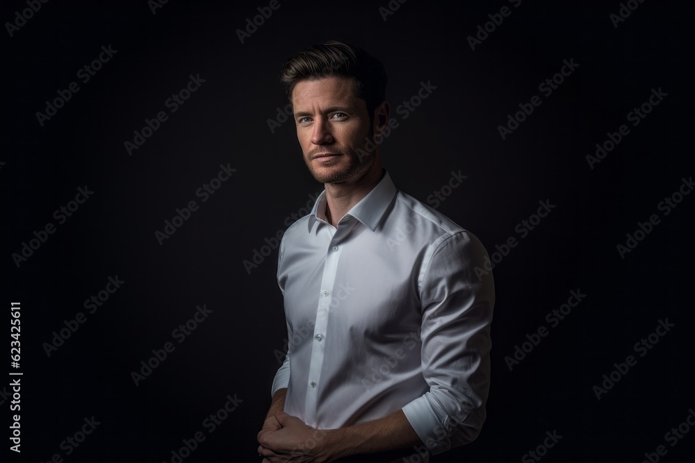 Lifestyle portrait photography of a glad boy in his 30s wearing an elegant long-sleeve shirt against a matte black background. With generative AI technology Lifestyle portrait photography of a glad boy in his 30s wearing an elegant long-sleeve shirt against a matte black background. With generative AI technology