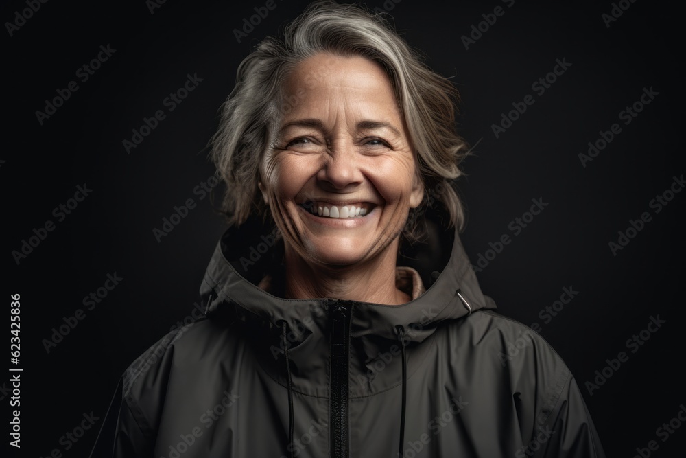 Medium shot portrait photography of a happy mature woman wearing a lightweight windbreaker against a matte black background. With generative AI technology Medium shot portrait photography of a happy mature woman wearing a lightweight windbreaker against a matte black background. With generative AI technology