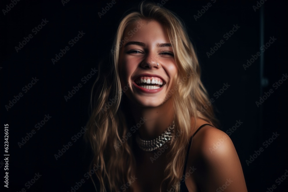 Medium shot portrait photography of a grinning girl in her 20s wearing a daring bikini against a matte black background. With generative AI technology Medium shot portrait photography of a grinning girl in her 20s wearing a daring bikini against a matte black background. With generative AI technology
