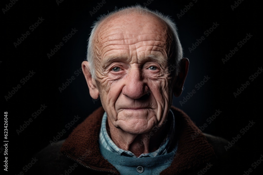 Obraz premium Close-up portrait photography of a glad old man wearing a cozy sweater against a matte black background. With generative AI technology
