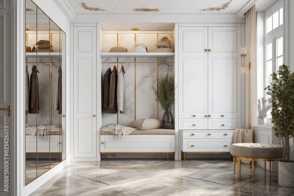 White classic design doors closet clothing cabinet with shelving and gold accent. Generative AI White classic design doors closet clothing cabinet with shelving and gold accent. Generative AI