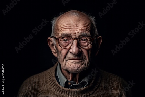 Close-up portrait photography of a glad old man wearing a cozy sweater against a matte black background. With generative AI technology