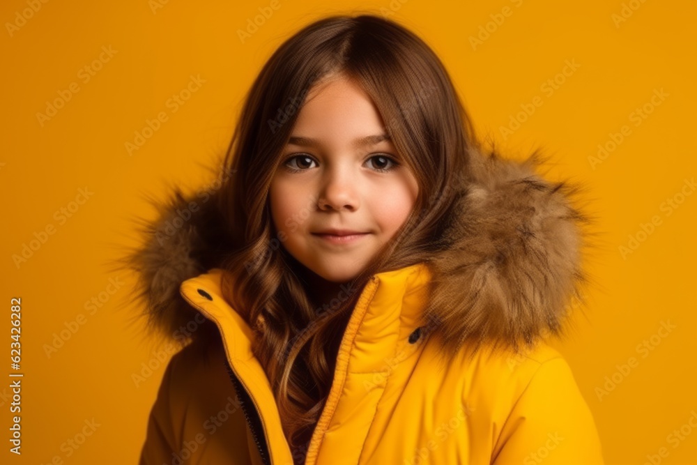 Medium shot portrait photography of a beautiful kid female wearing a cozy winter coat against a bright yellow background. With generative AI technology