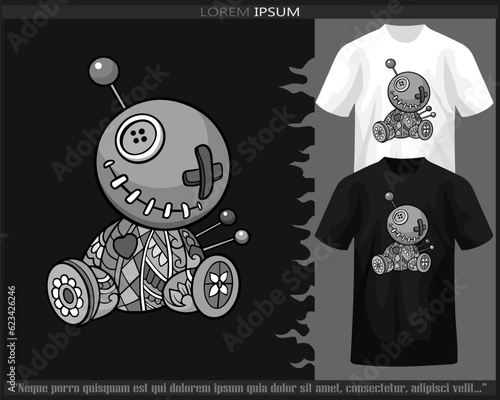 Monochrome voodoo doll mandala arts isolated on black and white t shirt.
