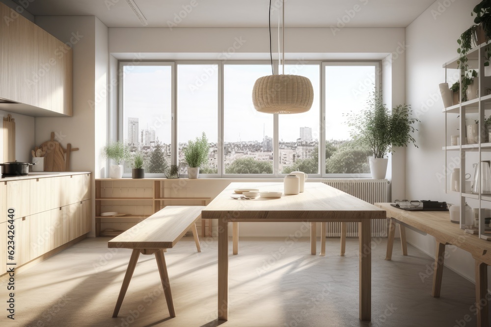 With large windows, a table with wooden seats, a bench next to it, and countertops, the dining room and kitchen corner are decorated in a Scandinavian manner. view of a city. a mockup. Generative AI With large windows, a table with wooden seats, a bench next to it, and countertops, the dining room and kitchen corner are decorated in a Scandinavian manner. view of a city. a mockup. Generative AI