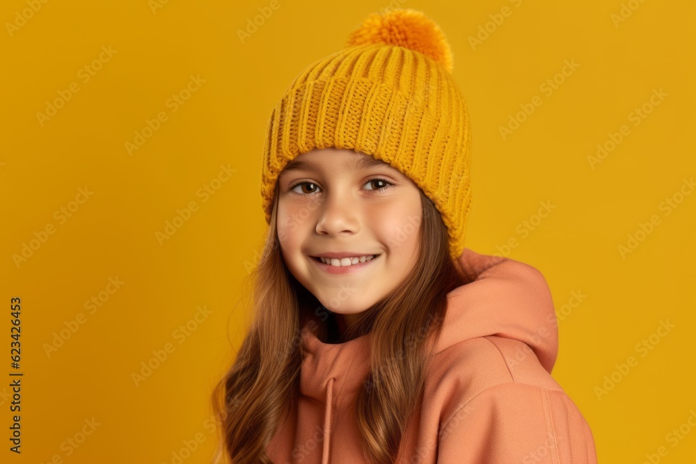 Close-up portrait photography of a satisfied kid female wearing a warm beanie against a bright yellow background. With generative AI technology