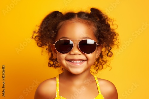 Close-up portrait photography of a happy kid female wearing a cute swimsuit and trendy sunglasses against a bright yellow background. With generative AI technology