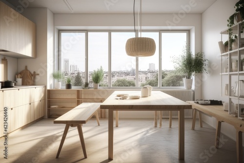 With large windows, a table with wooden seats, a bench next to it, and countertops, the dining room and kitchen corner are decorated in a Scandinavian manner. view of a city. a mockup. Generative AI