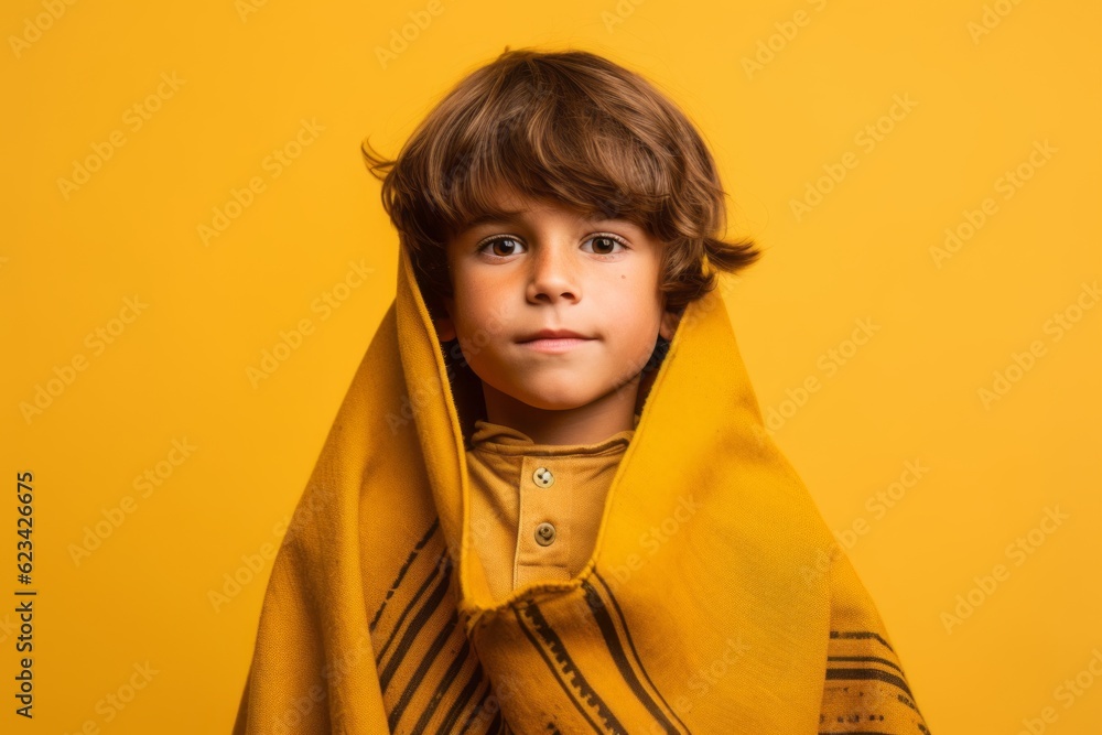 Medium shot portrait photography of a beautiful kid male wearing a unique poncho against a bright yellow background. With generative AI technology Medium shot portrait photography of a beautiful kid male wearing a unique poncho against a bright yellow background. With generative AI technology