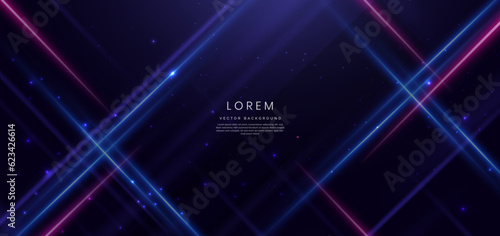 Abstract technology futuristic glowing blue and pink light lines with speed motion movingon dark blue background.