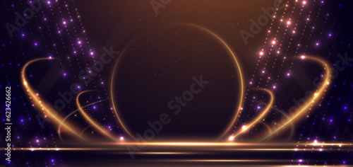 Elegant golden scene circle glowing with lighting effect sparkle and bokeh on brown background. Template premium award design.