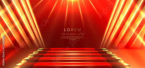 Elegant red stage with gold diagonal glowing lighting effect and sparkle. Template premium award design.