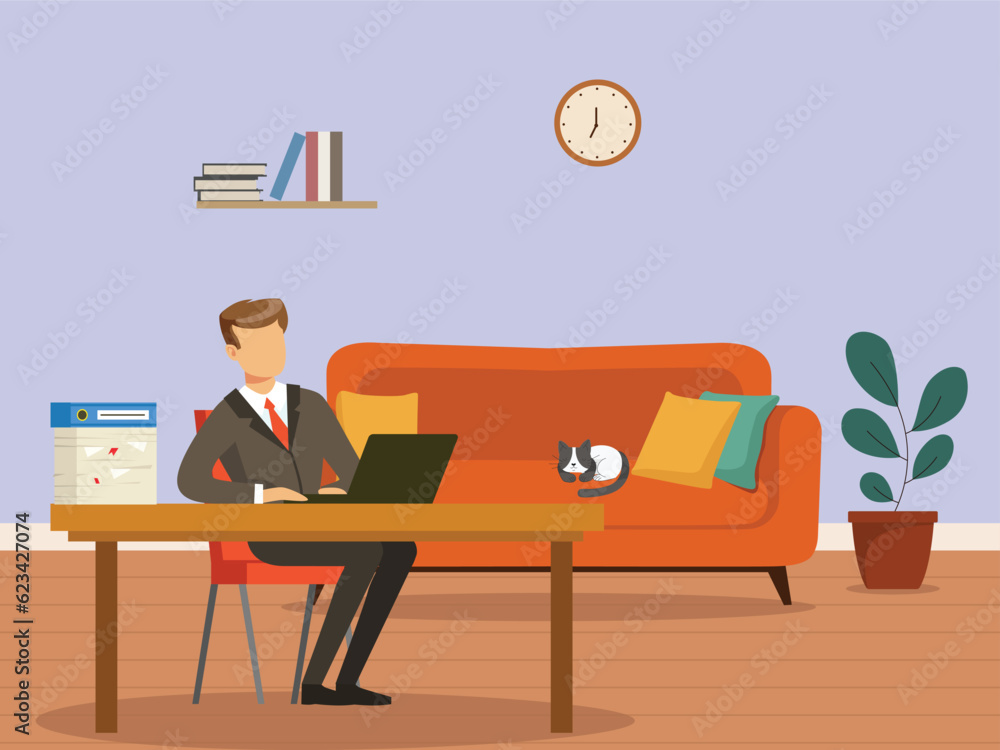Home Office and Work From Home, Man Working in Laptop from Home, Using Laptop with Remote Work and Home Office, Remote Job from House. Suited Man Working Remotely in Laptop. Sitting on Chair Laptop Home Office and Work From Home, Man Working in Laptop from Home, Using Laptop with Remote Work and Home Office, Remote Job from House. Suited Man Working Remotely in Laptop. Sitting on Chair Laptop