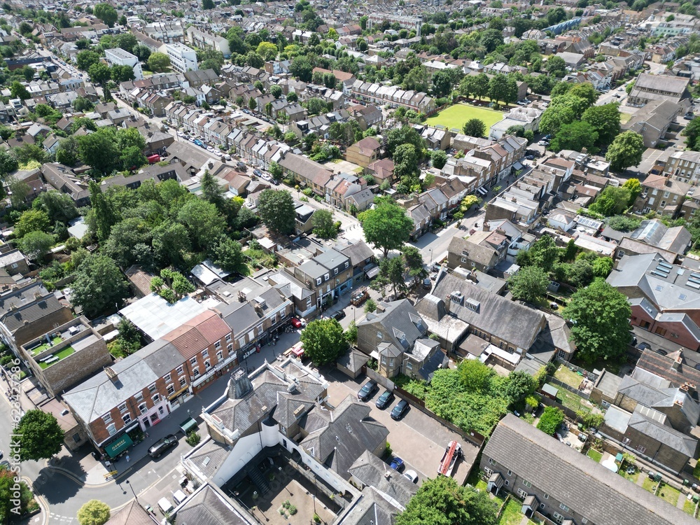 Walthamstow village East London UK streets and houses drone, aerial  ..