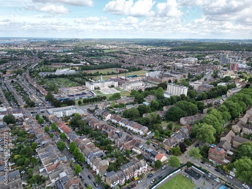 Establishing shot Walthamstow East London UK town hall aerial. © steve