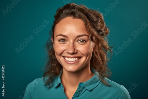 Headshot portrait photography of a happy girl in her 30s wearing a sporty polo shirt against a teal blue background. With generative AI technology