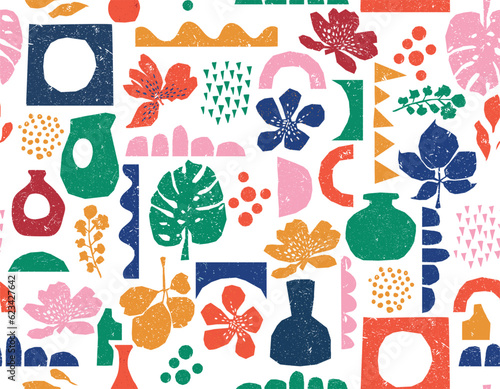 Trendy Colourful Paper cutouts , Hand drawn modern Flower and Leaves design Seamless pattern with Texture