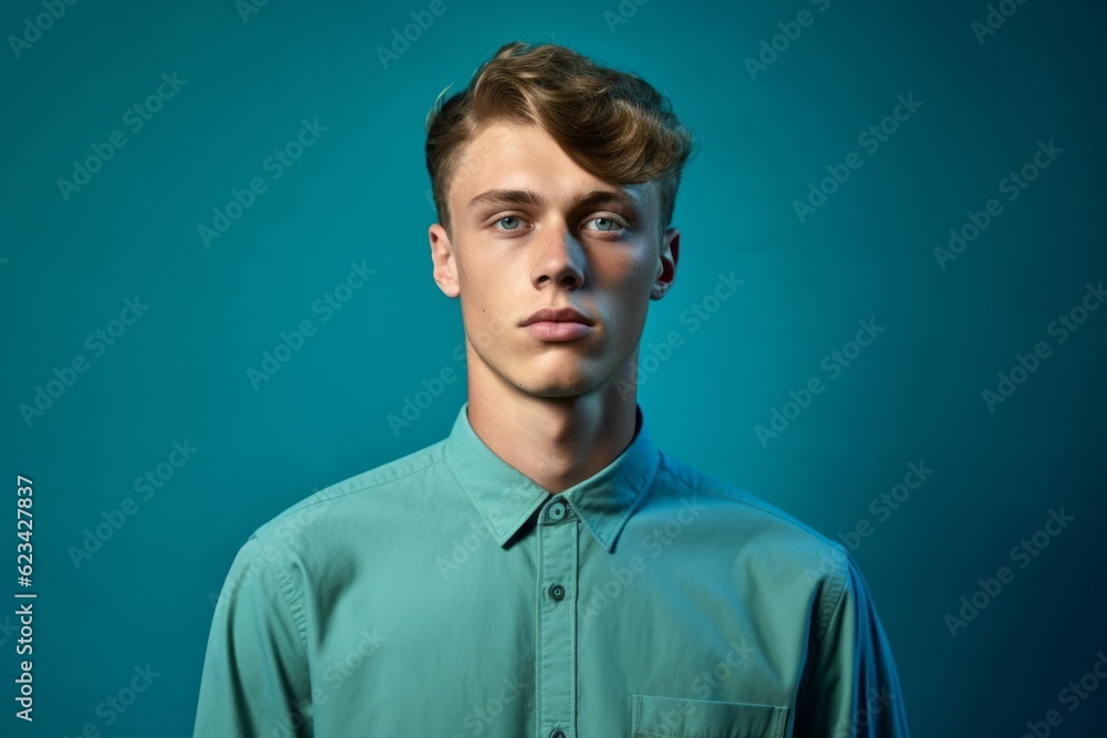 Medium shot portrait photography of a glad boy in his 20s wearing a classy button-up shirt against a teal blue background. With generative AI technology Medium shot portrait photography of a glad boy in his 20s wearing a classy button-up shirt against a teal blue background. With generative AI technology