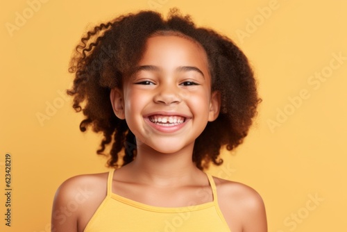 Close-up portrait photography of a joyful kid female wearing a cute crop top against a pastel yellow background. With generative AI technology