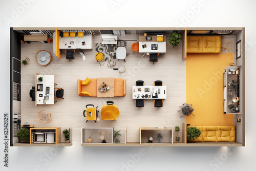 Top view of a visualization of the interior of an office space. 3d layout of a business center floor with open workspace. Generative AI 3d render illustration.