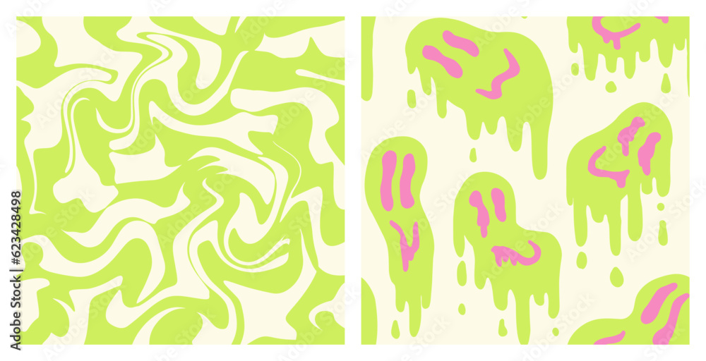 1970 Fluid Smile and Wavy Swirl Pattern Pack in light green and Pink Color. Seventies Style, Trippy Psychedelic Print, Wallpaper. Flat Design, Hippie Aesthetic. Hand-Drawn Vector Illustration. 1970 Fluid Smile and Wavy Swirl Pattern Pack in light green and Pink Color. Seventies Style, Trippy Psychedelic Print, Wallpaper. Flat Design, Hippie Aesthetic. Hand-Drawn Vector Illustration.