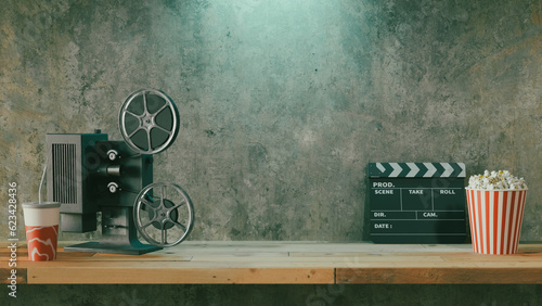 Movie podium background with movie objects, 3d rendering photo