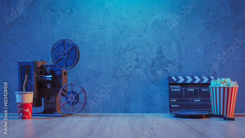Fotografie Movie podium background with movie objects, 3d rendering