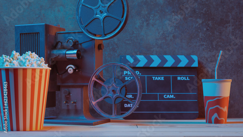 Movie podium background with movie objects, 3d rendering photo