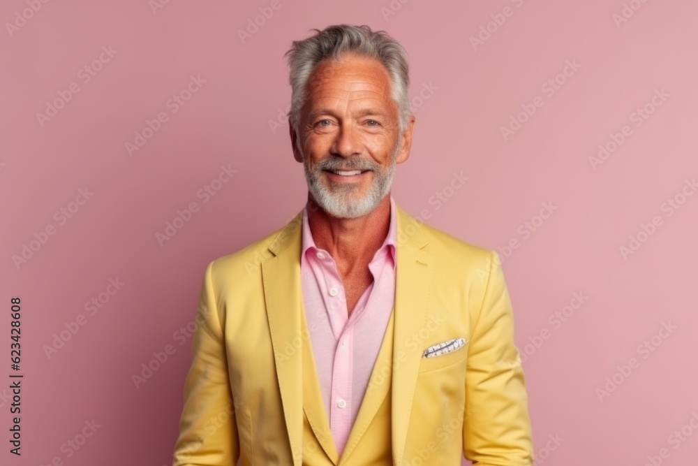 Medium shot portrait photography of a beautiful mature man wearing a classic blazer against a pastel yellow background. With generative AI technology Medium shot portrait photography of a beautiful mature man wearing a classic blazer against a pastel yellow background. With generative AI technology