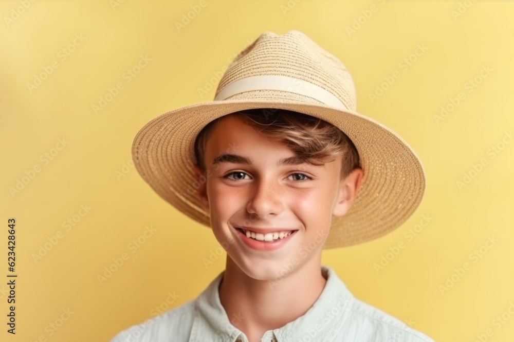 Medium shot portrait photography of a grinning boy in his 20s wearing a stylish sun hat against a pastel yellow background. With generative AI technology Medium shot portrait photography of a grinning boy in his 20s wearing a stylish sun hat against a pastel yellow background. With generative AI technology