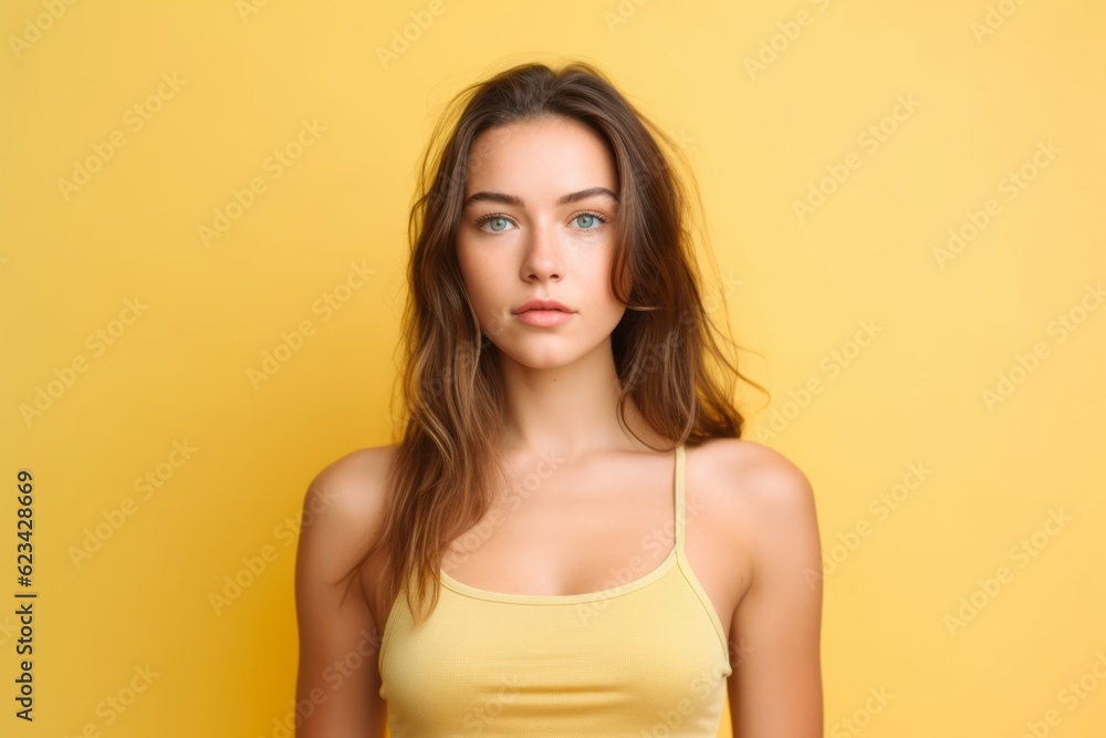 Medium shot portrait photography of a beautiful girl in her 20s wearing a stylish tank top against a pastel yellow background. With generative AI technology Medium shot portrait photography of a beautiful girl in her 20s wearing a stylish tank top against a pastel yellow background. With generative AI technology