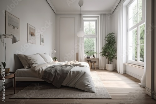 White walls, a wooden floor, a rug, a double bed, and a bedside table with books are all visible in this side view of a bedroom's interior. a mockup. Generative AI © Vusal