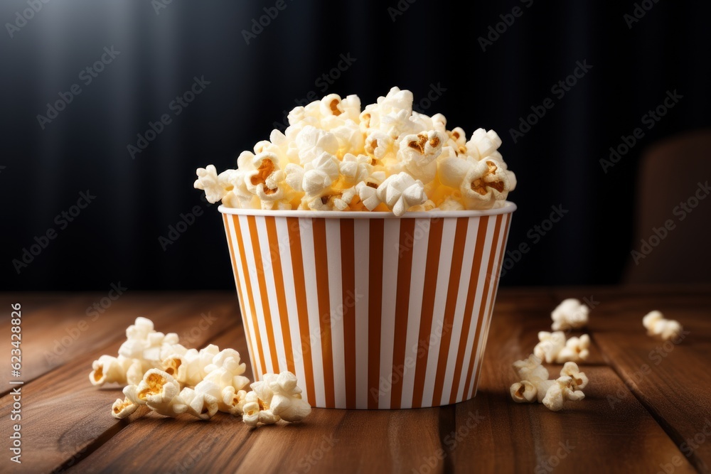 Popcorn in white and tan container with some lying loose. AI generated Popcorn in white and tan container with some lying loose. AI generated