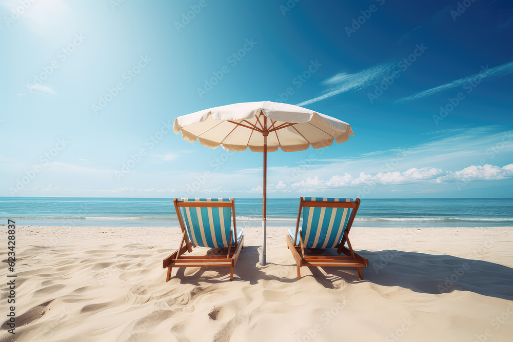 Two beach beds and sun umbrella on the sandy beach seashore, nobody, copy space. Summer tourist banner template, blue bright sky. Generative AI photo.